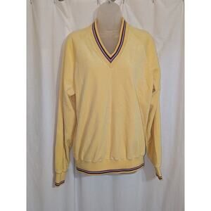 VTG 70s Retro Lee Yellow Velour Long Sleeve V Neck Striped Collar Sweatshirt L